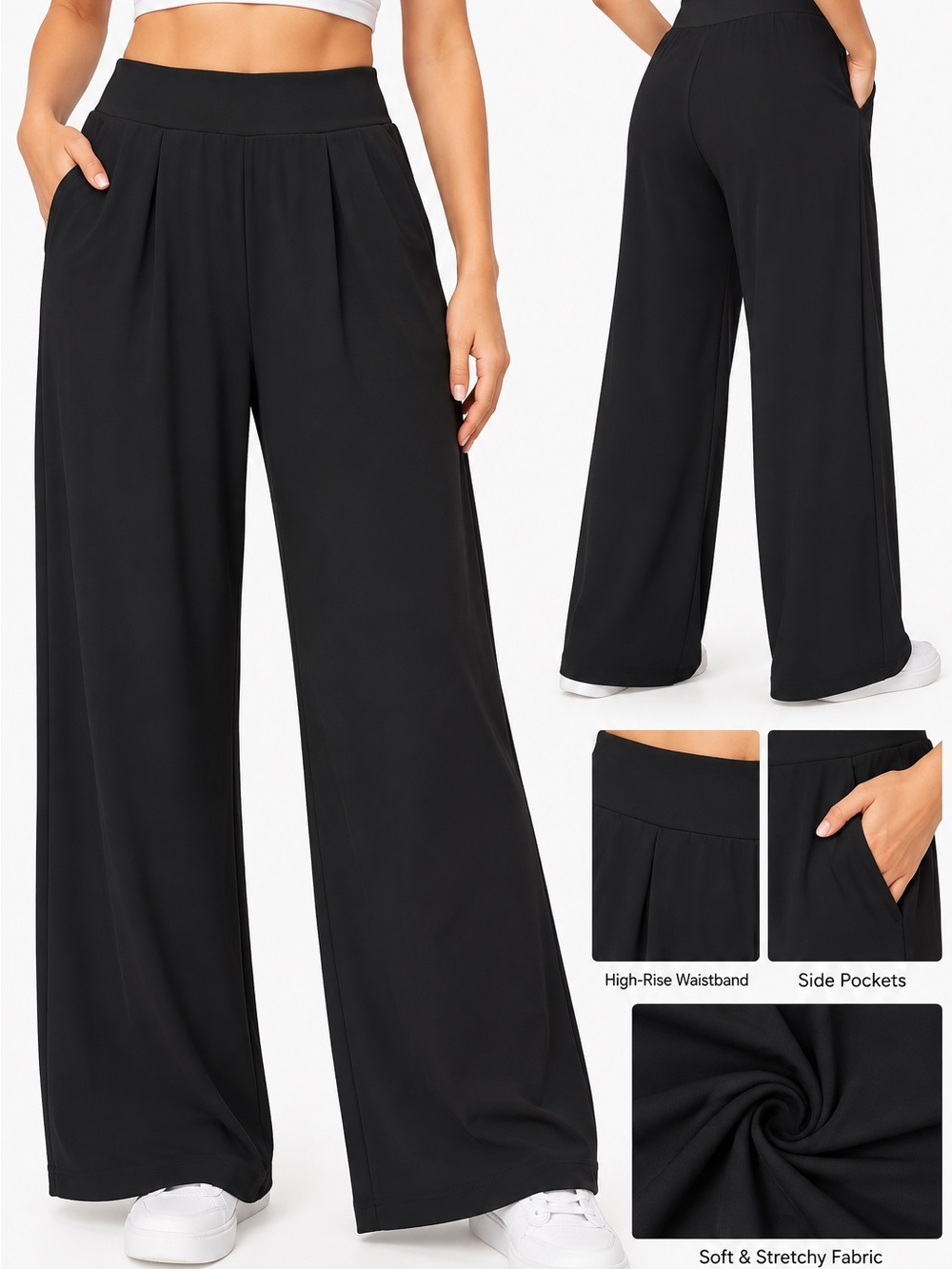 Halara NWT Black Wide Leg Pants Size L Regular High Rise Stretch